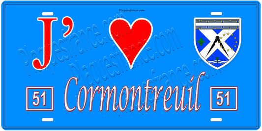 Plaque métal décorative, J' ❤️Cormontreuil, Marne, fond  mur bleu 51