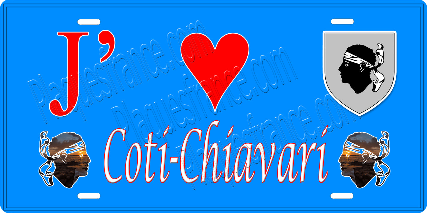 Plaque métal décorative 15 x 30 cm bleu J' ❤️ Coti chiavari  canton de Taravo-Ornano Corse du Sud - Plaquesfrance.com