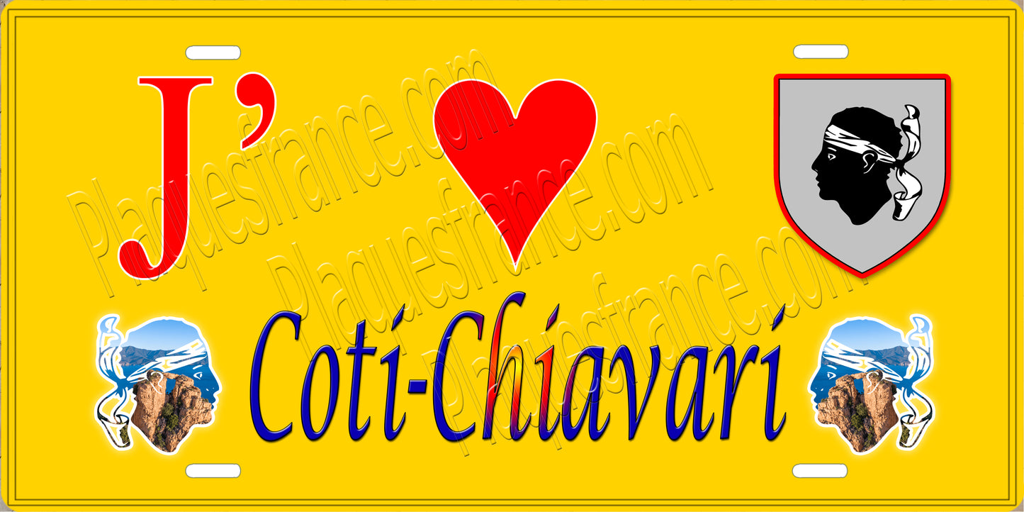 Plaque métal décorative 15 x 30 cm jaune J' ❤️ Coti chiavari  canton de Taravo-Ornano Corse du Sud - Plaquesfrance.com