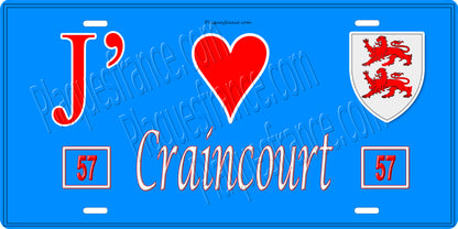 Plaque métal décorative 15 x 30 cm fond bleu 57 J' ❤️ Craincourt, canton du Saulnois Moselle 57