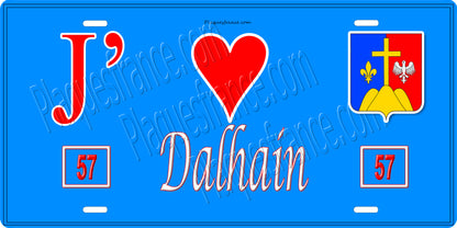 Plaque métal décorative 15 x 30 cm fond bleu 57 J' ❤️ Dalhain, canton du Saulnois Moselle 57
