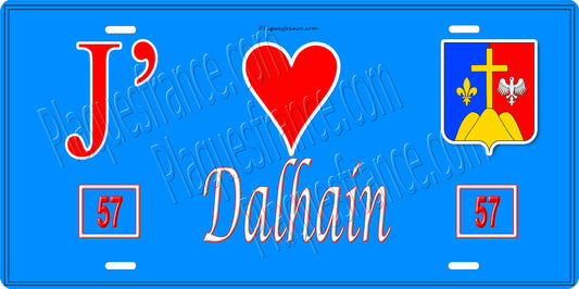 Plaque métal décorative 15 x 30 cm fond bleu 57 J' ❤️ Dalhain, canton du Saulnois Moselle 57