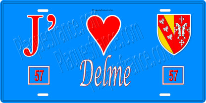 Plaque métal décorative 15 x 30 cm fond bleu 57 J' ❤️ Delme, canton du Saulnois Moselle 57