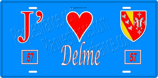 Plaque métal décorative 15 x 30 cm fond bleu 57 J' ❤️ Delme, canton du Saulnois Moselle 57