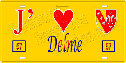 Plaque métal décorative 15 x 30 cm fond jaune 57 J' ❤️ Delme, canton du Saulnois Moselle 57