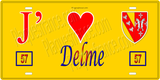 Plaque métal décorative 15 x 30 cm fond jaune 57 J' ❤️ Delme, canton du Saulnois Moselle 57