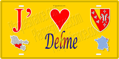 Plaque métal décorative 15 x 30 cm fond jaune carte J' ❤️ Delme, canton du Saulnois Moselle 57
