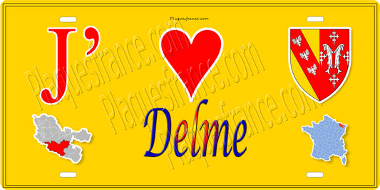 Plaque métal décorative 15 x 30 cm fond jaune carte J' ❤️ Delme, canton du Saulnois Moselle 57
