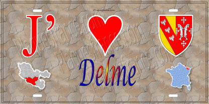 Plaque métal décorative 15 x 30 cm mur antique carte J' ❤️ Delme, canton du Saulnois Moselle 57