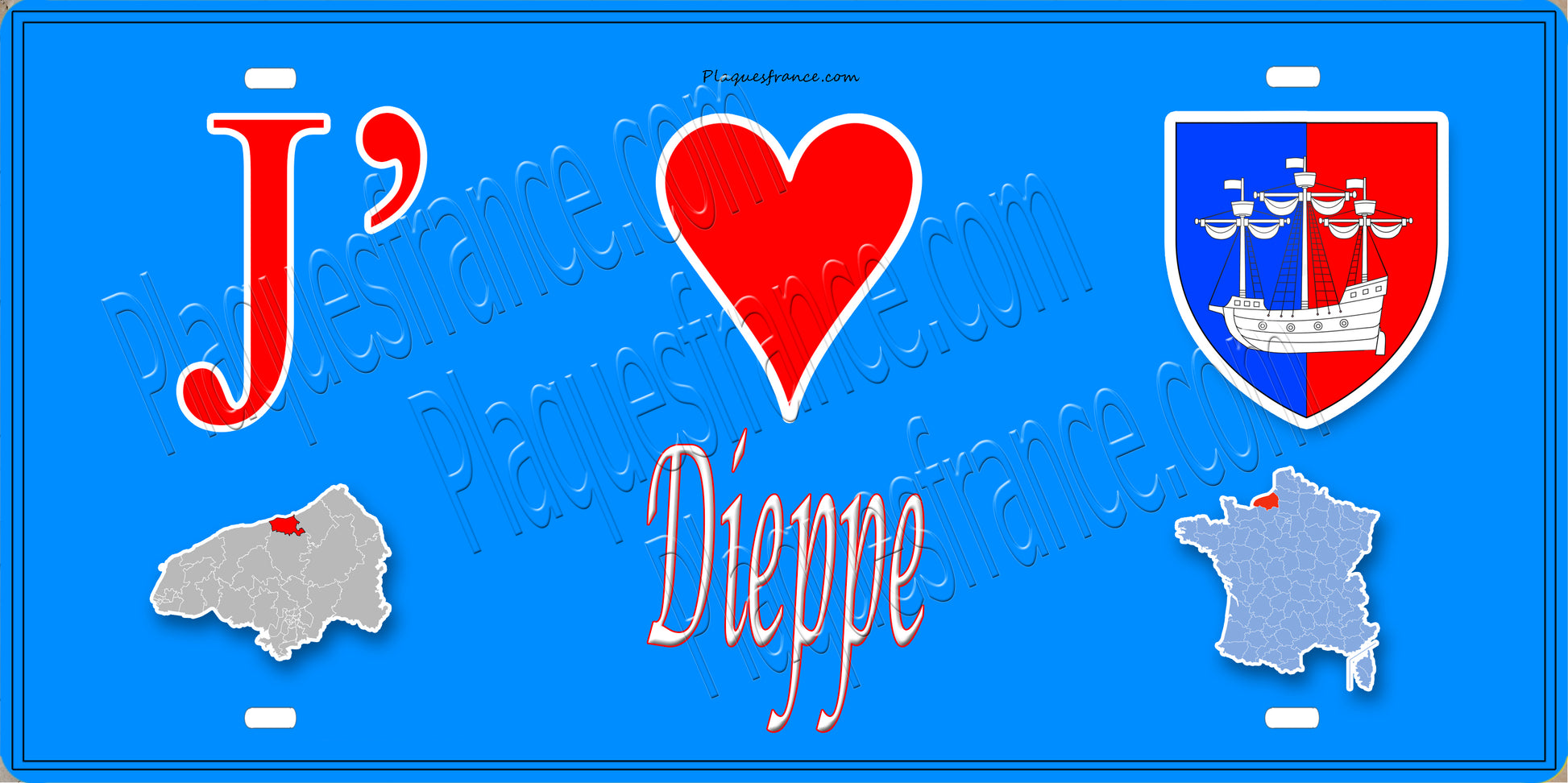 Plaque métal décorative 15X30 J' ❤️ Dieppe, Seine Maritime (76) bleu carte