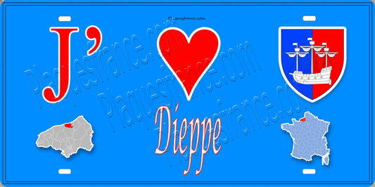 Plaque métal décorative 15X30 J' ❤️ Dieppe, Seine Maritime (76) bleu carte