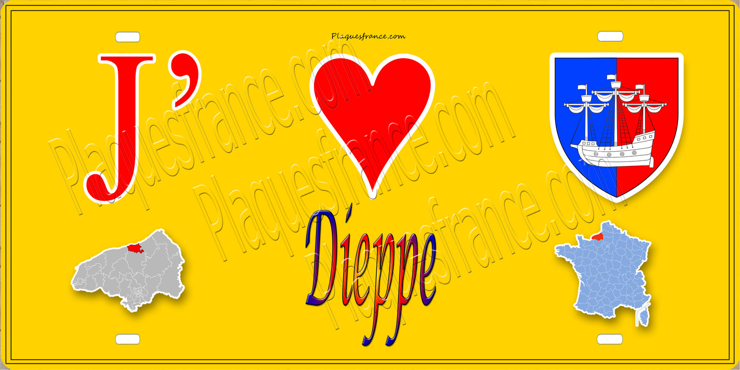 Plaque métal décorative 15X30 J' ❤️ Dieppe, Seine Maritime (76) jaune carte