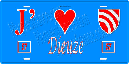Plaque métal décorative 15 x 30 cm fond bleu 57 J' ❤️ Dieuze, canton du Saulnois Moselle 57