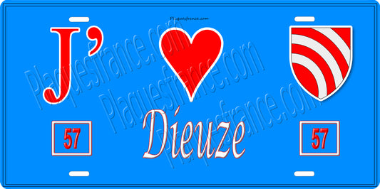 Plaque métal décorative 15 x 30 cm fond bleu 57 J' ❤️ Dieuze, canton du Saulnois Moselle 57