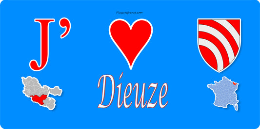 Plaque métal décorative 15 x 30 cm fond bleu carte J' ❤️ Dieuze, canton du Saulnois Moselle 57