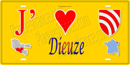 Plaque métal décorative 15 x 30 cm fond jaune carte J' ❤️ Dieuze, canton du Saulnois Moselle 57