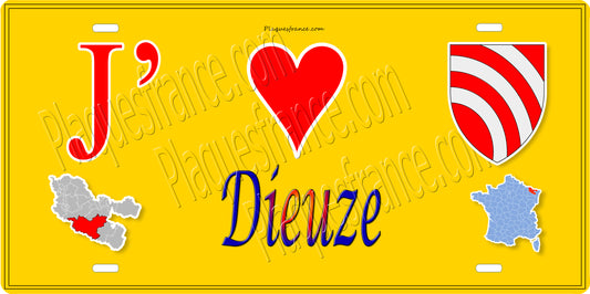 Plaque métal décorative 15 x 30 cm fond jaune carte J' ❤️ Dieuze, canton du Saulnois Moselle 57