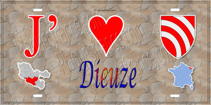 Plaque métal décorative 15 x 30 cm mur antique carte J' ❤️ Dieuze, canton du Saulnois Moselle 57