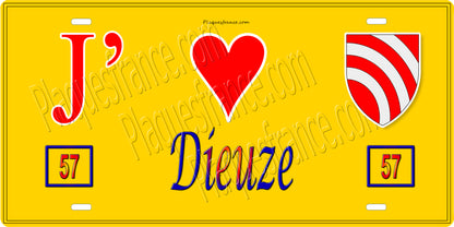 Plaque métal décorative 15 x 30 cm fond jaune 57 J' ❤️ Dieuze, canton du Saulnois Moselle 57