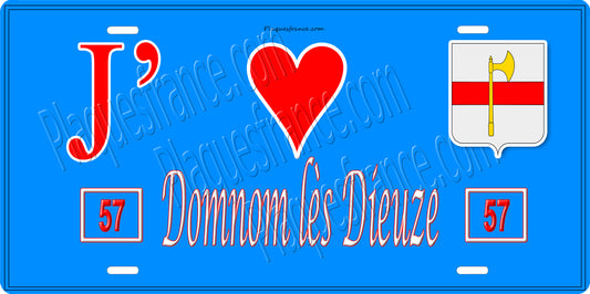 Plaque métal décorative 15 x 30 cm fond bleu 57 J' ❤️ Domnom lès Dieuze, canton du Saulnois Moselle 57