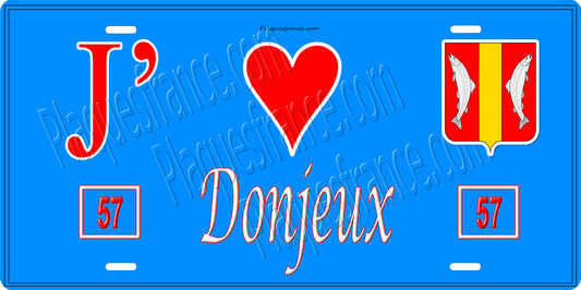 Plaque métal décorative 15 x 30 cm fond bleu 57 J' ❤️ Donjeux, canton du Saulnois Moselle 57
