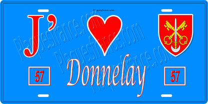 Plaque métal décorative 15 x 30 cm fond bleu 57 J' ❤️ Donnelay, canton du Saulnois Moselle 57