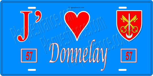 Plaque métal décorative 15 x 30 cm fond bleu 57 J' ❤️ Donnelay, canton du Saulnois Moselle 57