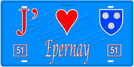 Plaque métal décorative, J' ❤️Epernay, Marne, fond  mur bleu 51