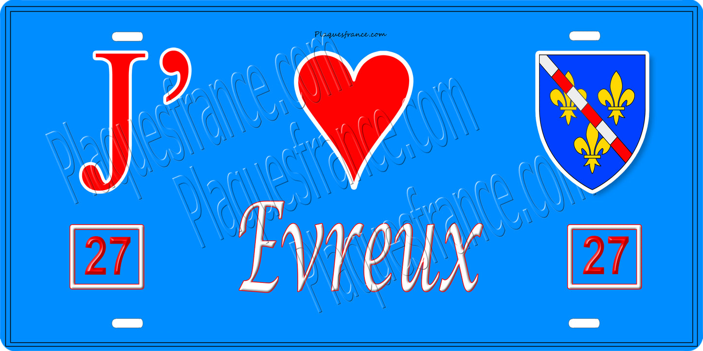 Plaque métal décorative, J' ❤️Evreux, Eure 27