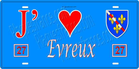 Plaque métal décorative, J' ❤️Evreux, Eure 27