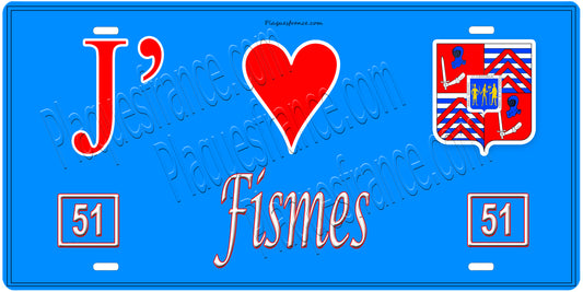 Plaque métal décorative, J' ❤️Fismes, Marne, fond  mur bleu 51