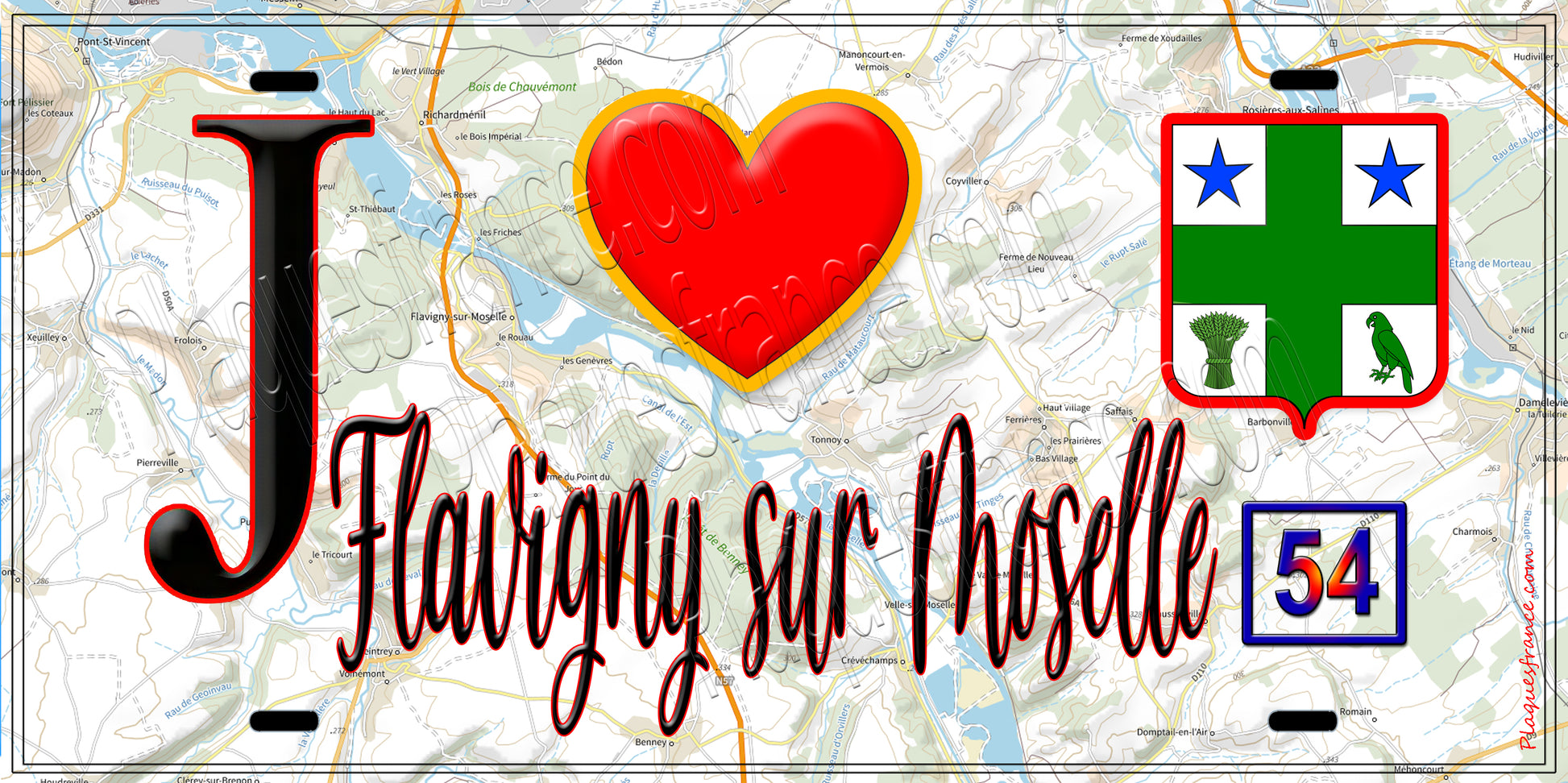 Plaque métal décorative  J' ❤️ Flavigny-sur-Moselle, Meurthe et Moselle (54)