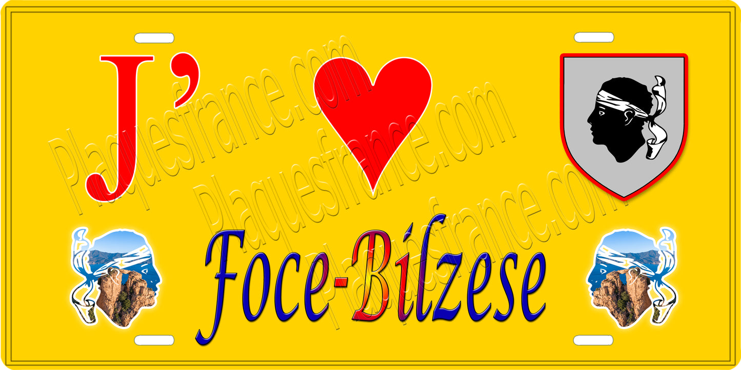 Plaque métal décorative 15 x 30 cm jaune J' ❤️ Foce-Bilzese canton du Sartenais-Valinco  Corse du Sud - Plaquesfrance.com