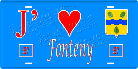 Plaque métal décorative 15 x 30 cm fond bleu 57 J' ❤️ Fonteny, canton du Saulnois Moselle 57