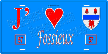 Plaque métal décorative 15 x 30 cm fond bleu 57 J' ❤️ Fossieux, canton du Saulnois Moselle 57