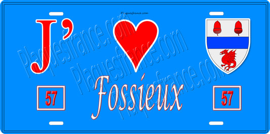 Plaque métal décorative 15 x 30 cm fond bleu 57 J' ❤️ Fossieux, canton du Saulnois Moselle 57