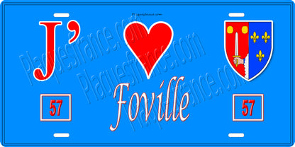 Plaque métal décorative 15 x 30 cm fond bleu 57 J' ❤️ Foville, canton du Saulnois Moselle 57