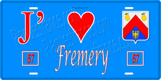 Plaque métal décorative 15 x 30 cm fond bleu 57 J' ❤️ Fremery, canton du Saulnois Moselle 57