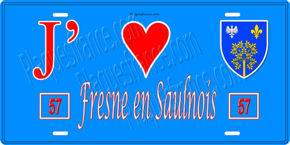 Plaque métal décorative 15 x 30 cm fond bleu 57 J' ❤️ Fresne en Saulnois, canton du Saulnois Moselle 57