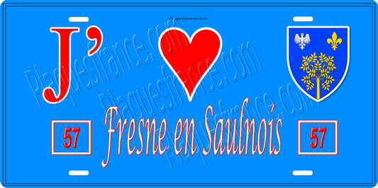 Plaque métal décorative 15 x 30 cm fond bleu 57 J' ❤️ Fresne en Saulnois, canton du Saulnois Moselle 57