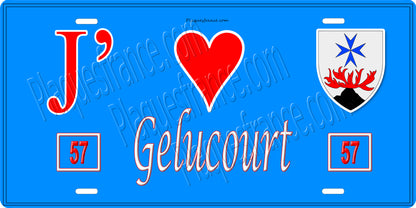 Plaque métal décorative 15 x 30 cm fond bleu 57 J' ❤️ Gelucourt, canton du Saulnois Moselle 57