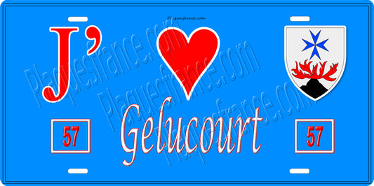 Plaque métal décorative 15 x 30 cm fond bleu 57 J' ❤️ Gelucourt, canton du Saulnois Moselle 57