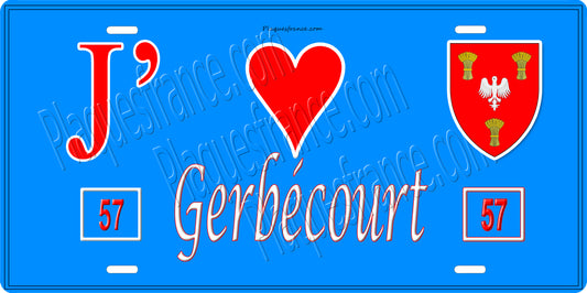 Plaque métal décorative 15 x 30 cm fond bleu 57 J' ❤️ Gerbecourt, canton du Saulnois Moselle 57