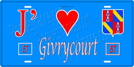 Plaque métal décorative 15 x 30 cm fond bleu 57 J' ❤️ Givrycourt, canton du Saulnois Moselle 57