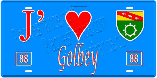 Plaque métal décorative, J' ❤️Golbey, fond  mur bleu 88