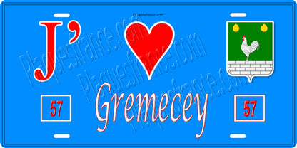 Plaque métal décorative 15 x 30 cm fond bleu 57 J' ❤️ Gremecey, canton du Saulnois Moselle 57