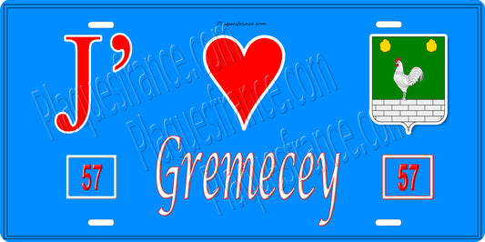 Plaque métal décorative 15 x 30 cm fond bleu 57 J' ❤️ Gremecey, canton du Saulnois Moselle 57