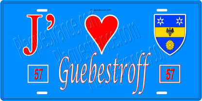 Plaque métal décorative 15 x 30 cm fond bleu 57 J' ❤️ Guebestroff, canton du Saulnois Moselle 57