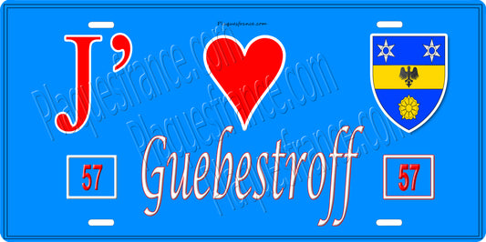 Plaque métal décorative 15 x 30 cm fond bleu 57 J' ❤️ Guebestroff, canton du Saulnois Moselle 57