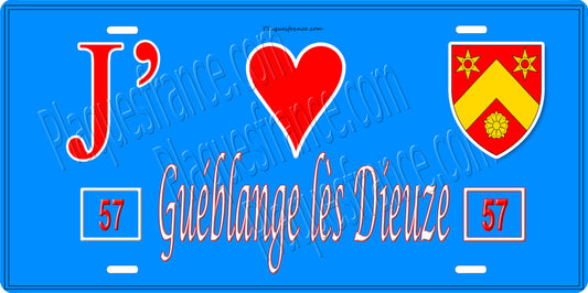 Plaque métal décorative 15 x 30 cm fond bleu 57 J' ❤️ Gueblange lès Dieuze, canton du Saulnois Moselle 57